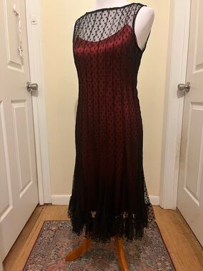 Teri Jon Scarlet Silk Slip Dress with Black Mesh Overlay